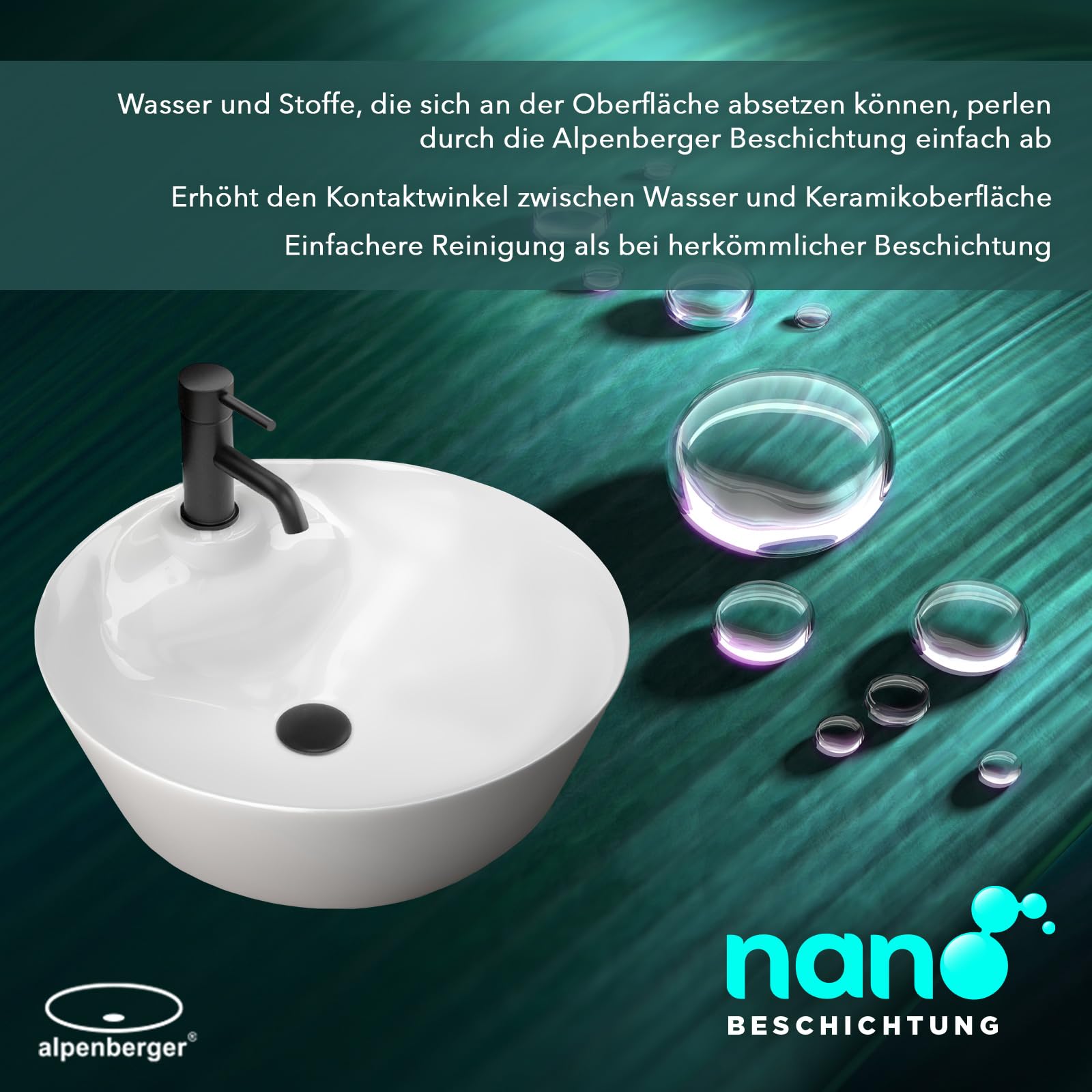 Alpenberger Waschbecken Klein Gäste WC | Aufsatzwaschbecken Rund | Mini Waschbecken mit Hahnloch | Handwaschbecken Waschschüssel mit Nano | Lavabo Bathroom Sink Ø 43 cm