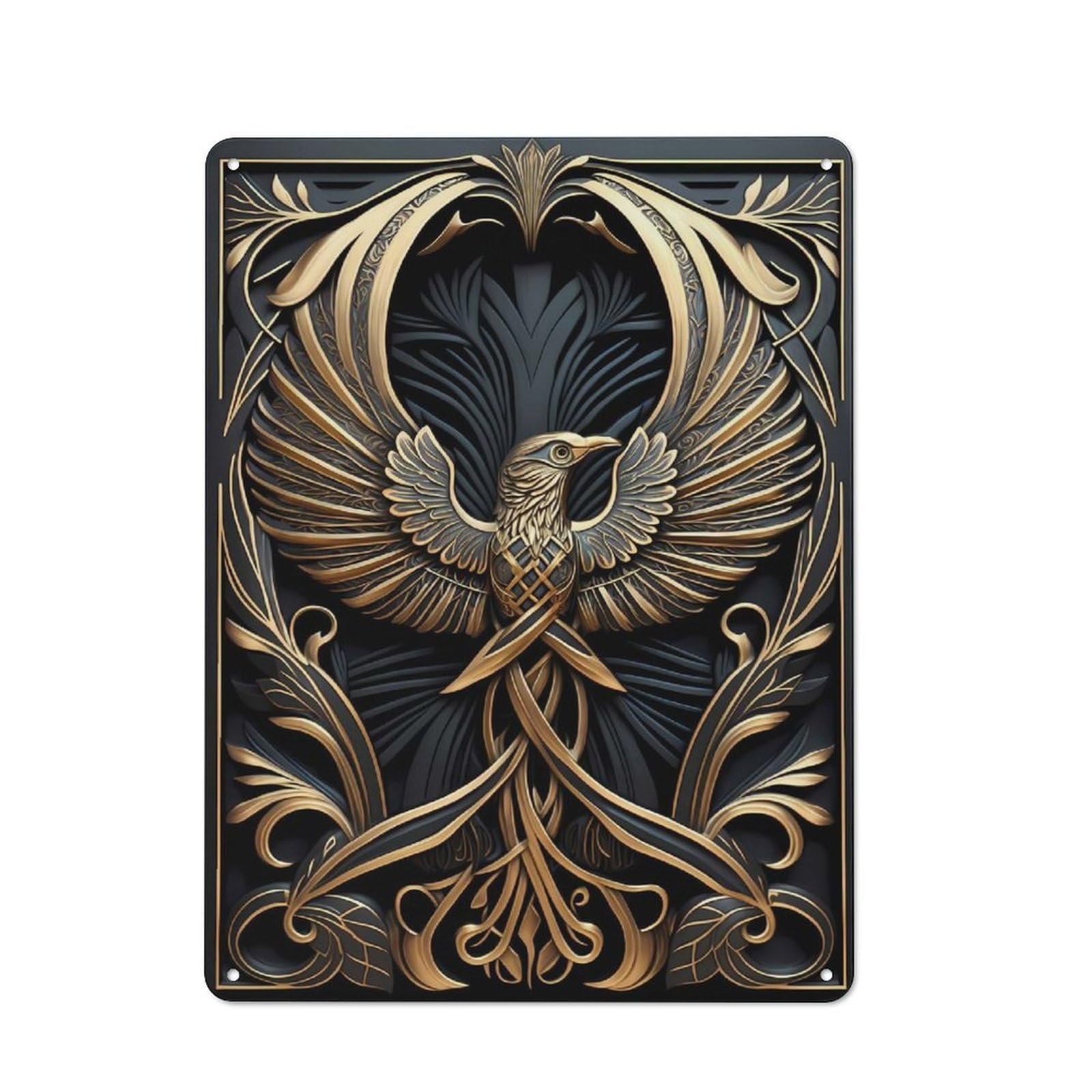 Vintage Tin Wall Sign 40x30cm Featuring Golden Wings Phoenix, Room Wall Plaque for Flat, Dorm Room, Lounge Or Cafe