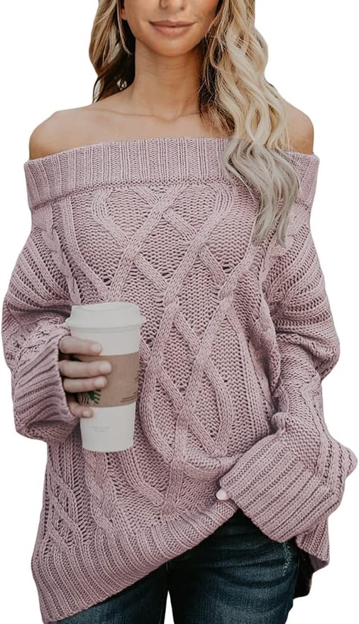 Astylish Women Sexy Long Sleeve Off Shoulder Loose Cable Knit Pullover Sweater