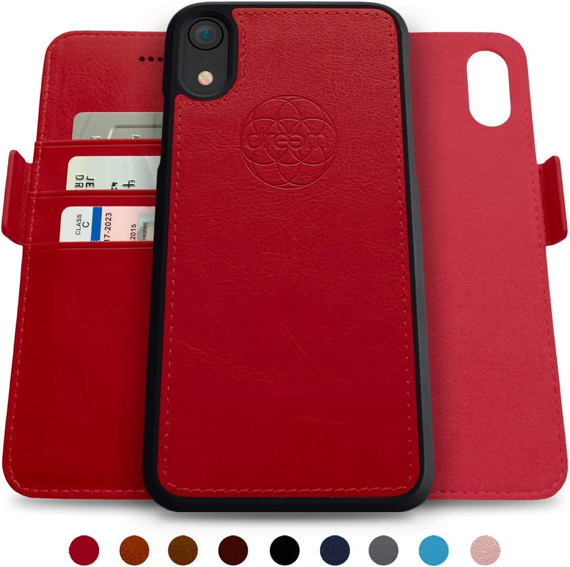 dreemFibonacci 2-in-1 Wallet Case for Apple iPhone XR - Luxury Vegan Leather, Magnetic Detachable Shockproof Phone Case, RFID Card Protection, 2-Way Flip Stand - Red