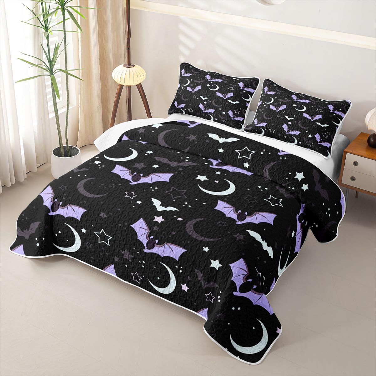 Erosebridal Halloween Bats King Quilt Bedding Set Galaxy Stars Moon Quilt Bedding Gothic Bedspread Coverlet Cartoon Purple Bat Quilted Comforter Soft Lightweight Quilted Blanket for Boys Girls