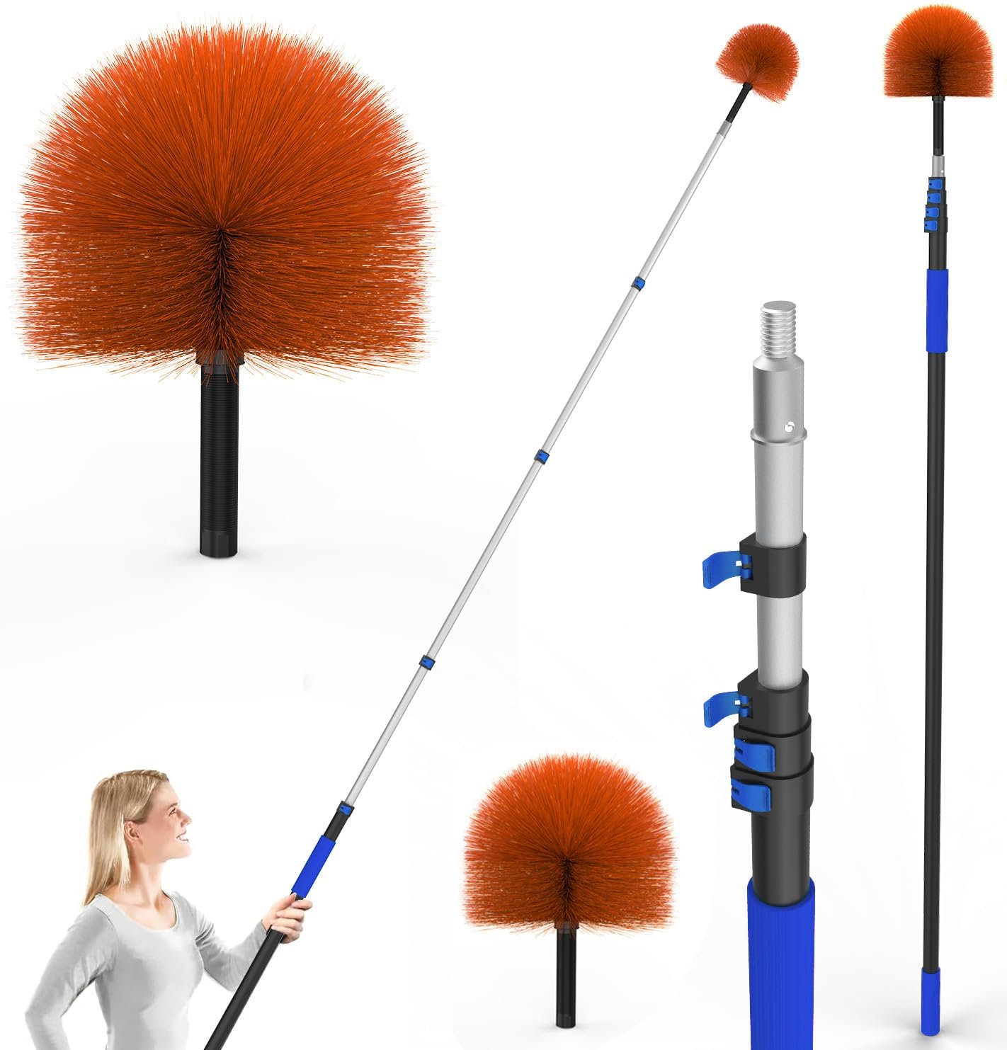 Skgpole Blue 26Ft Reach Cobweb Duster, Outdoor Spider Web Cleaner Brush With 5-20Ft Telescoping Extension Pole, Aluminium Heavy Duty, Medium Stiff Bristles Spider Web Brush For Outdoor & Indoor Cleaning