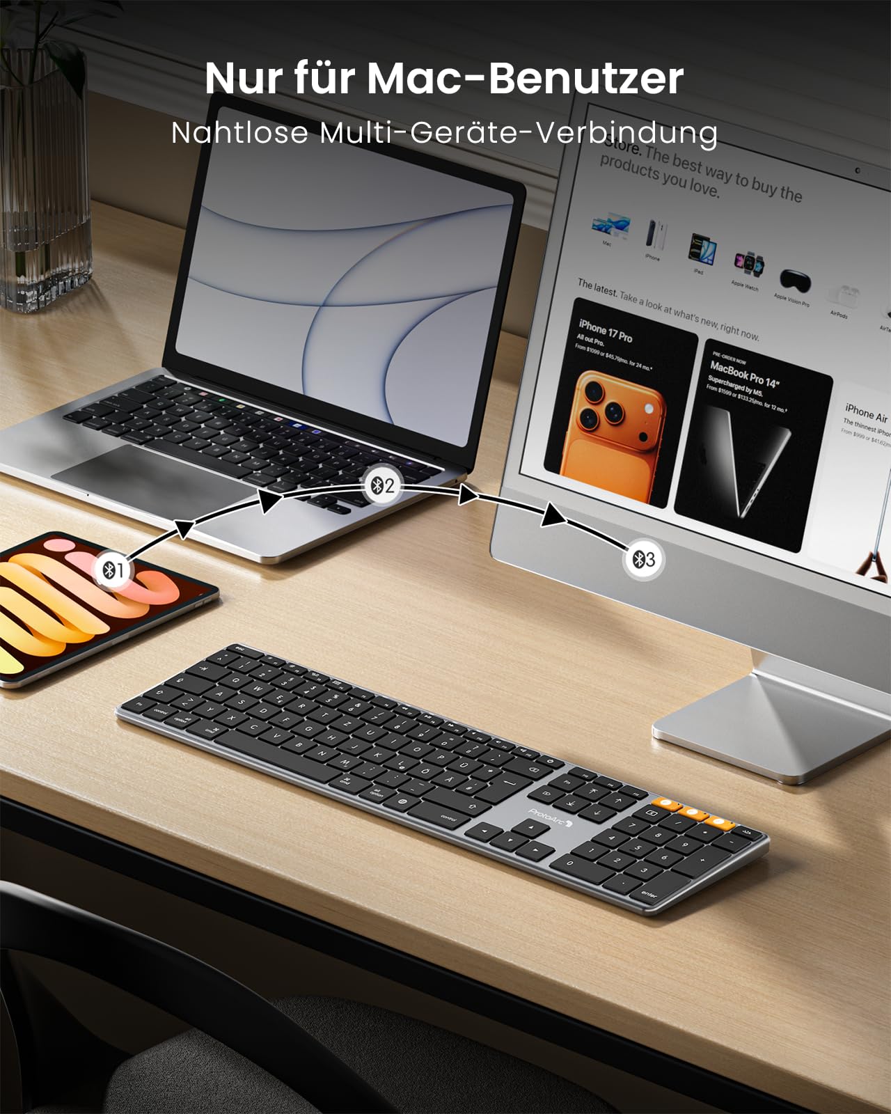 ProtoArc Beleuchtete Kabellose Tastatur für Mac, K110-A Aluminium-Bluetooth-Tastatur Full-Size, Mehrere Geräte, Flach, Wiederaufladbar, Funktastatur für MacBook Pro/Air, Mac mini, iPad