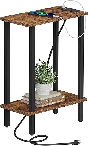 TUTOTAK Mesa auxiliar pequeña con estación de carga, mesa auxiliar estrecha con puertos USB y tomacorrientes, mesa de sofá delgada, mesita de noche