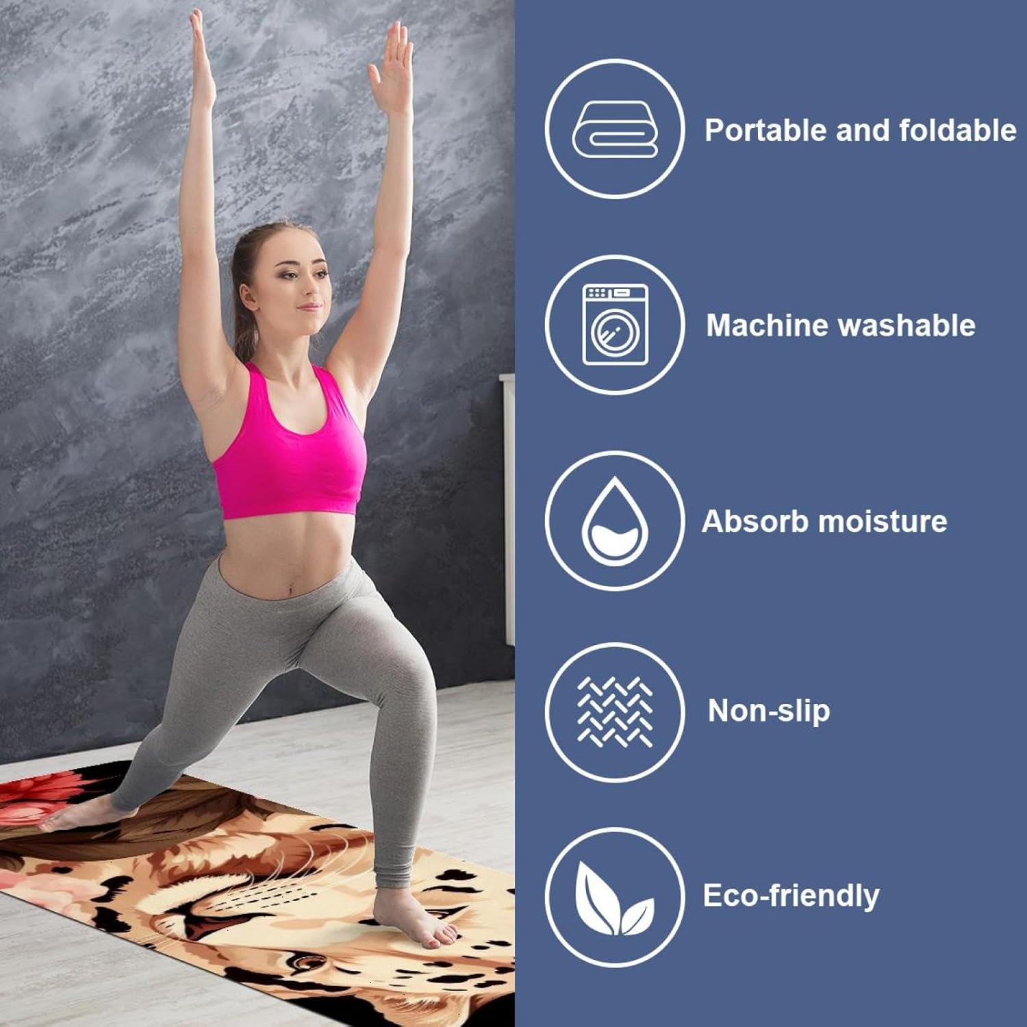 Yoga Towel, Leopard Rose Flower Non Slip Sweat Absorbent Hot Yoga Mat Towel for Hot Yoga, Pilates and Fitness - 72.8" x 26.8"