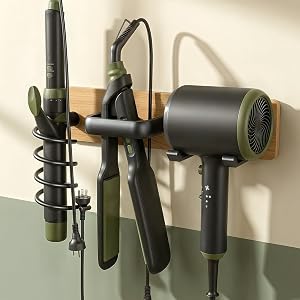 Tindbea Upgraded Cherry Wood Hair Dryer Holder Wall Mounted,3-in-1 Hair Tool Organizer for Blow Dryer, Curling iron, and Straightener, Blow Dryer Holder for Bathroom, Vanity, Matte Black