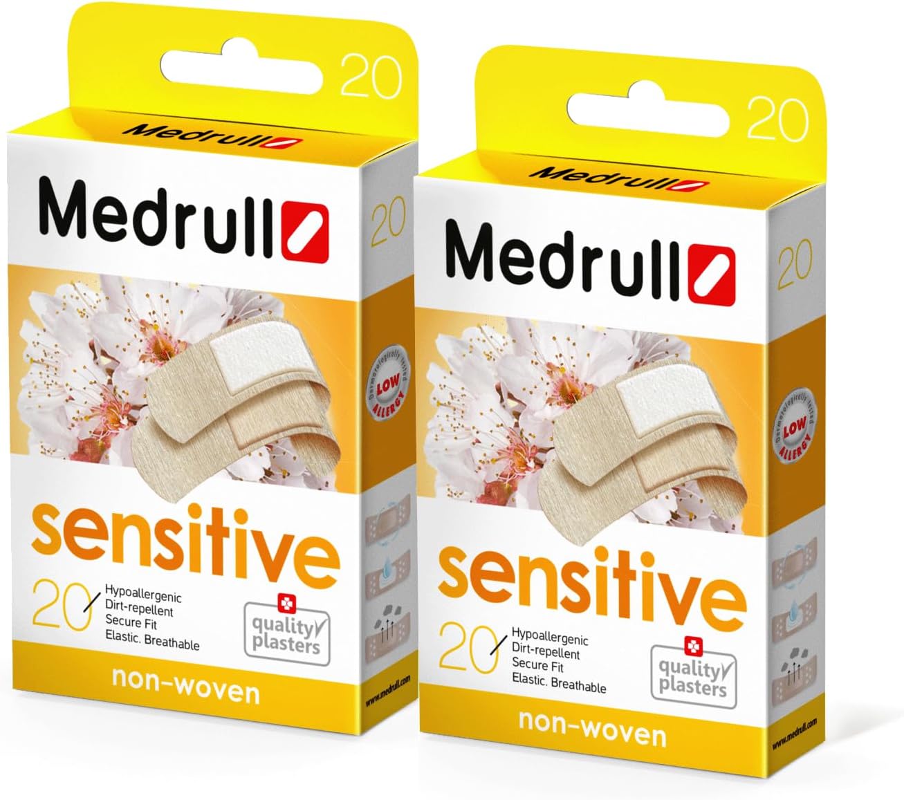 Medrull Sensitive Plaster 40 Extra Soft Strips | 2 Boxes Set: 2 x 20 Skin Color Strips | Sterile Plasters 2.5 x 5.7cm, with Non-Stick Wound Pad