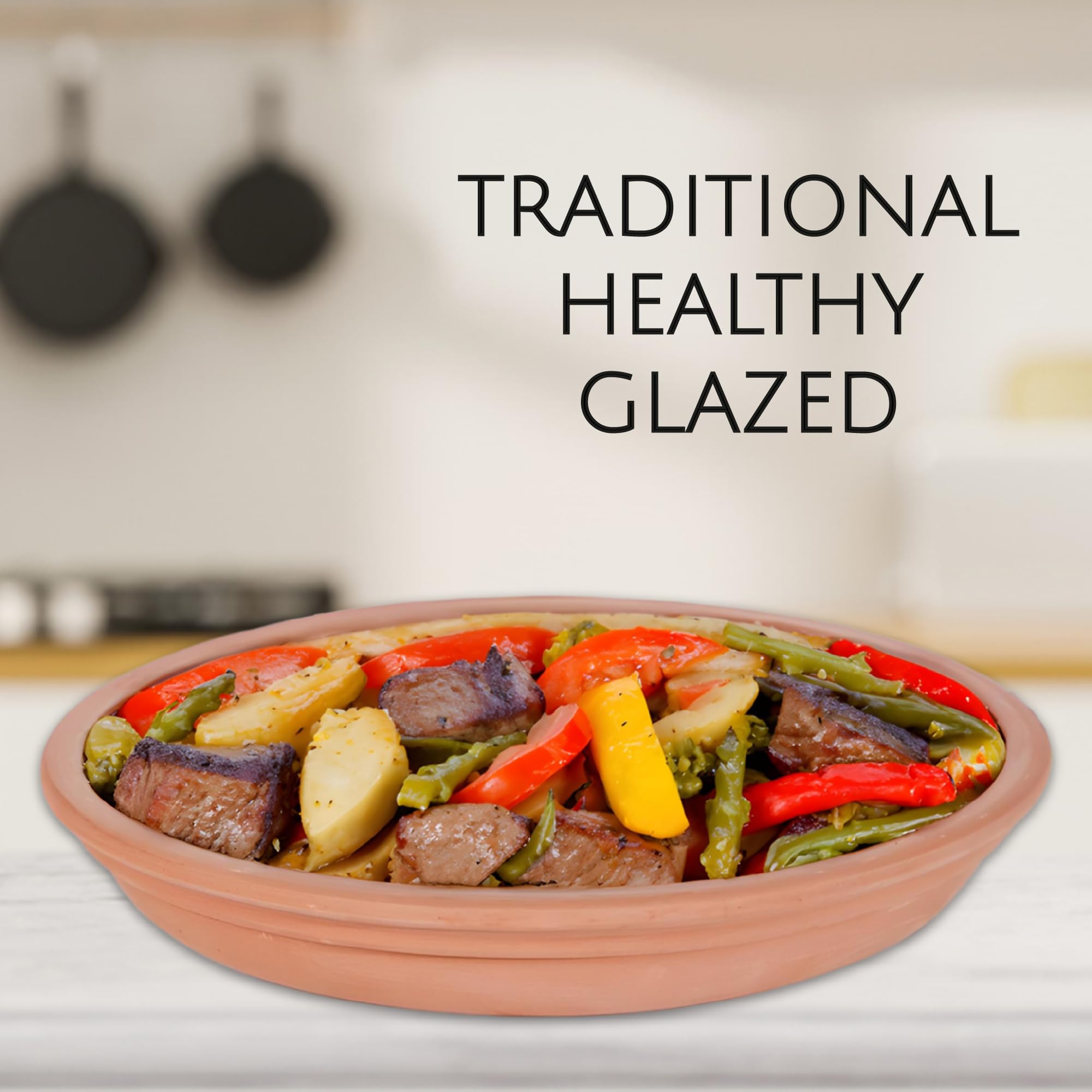 Handmade Clay Pan for Cooking, Glazed Terracotta Pot, Earthenware Cookware, Mexican Cazuela for Oven Cooking, Round, 11.8 in