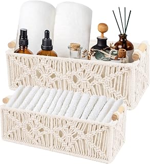 Set of 2 Woven Storage Baskets with Handles, Storage Basket for Braided Toilet Paper, Handmade Cotton Rope Storage Basket for Decoration, Gift Basket (White)