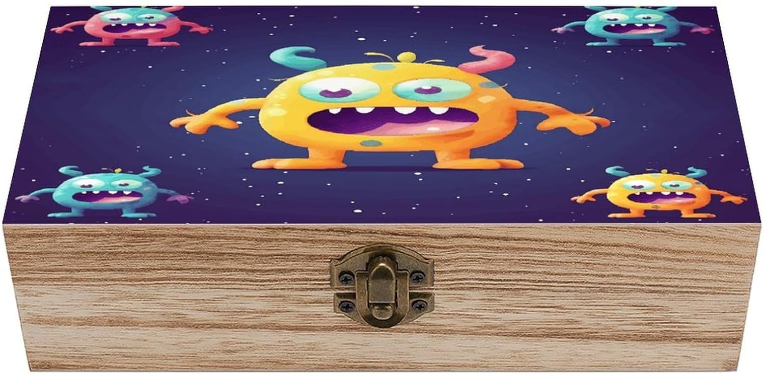 Cartoon Colorful Monster Vintage Wooden Storage Box with Hinged Lid Natural Wood Keepsake Box for Jewelry, Crafts & Gifts Rustic Memory Box Organizer for Home Decor, Rings, Trinkets