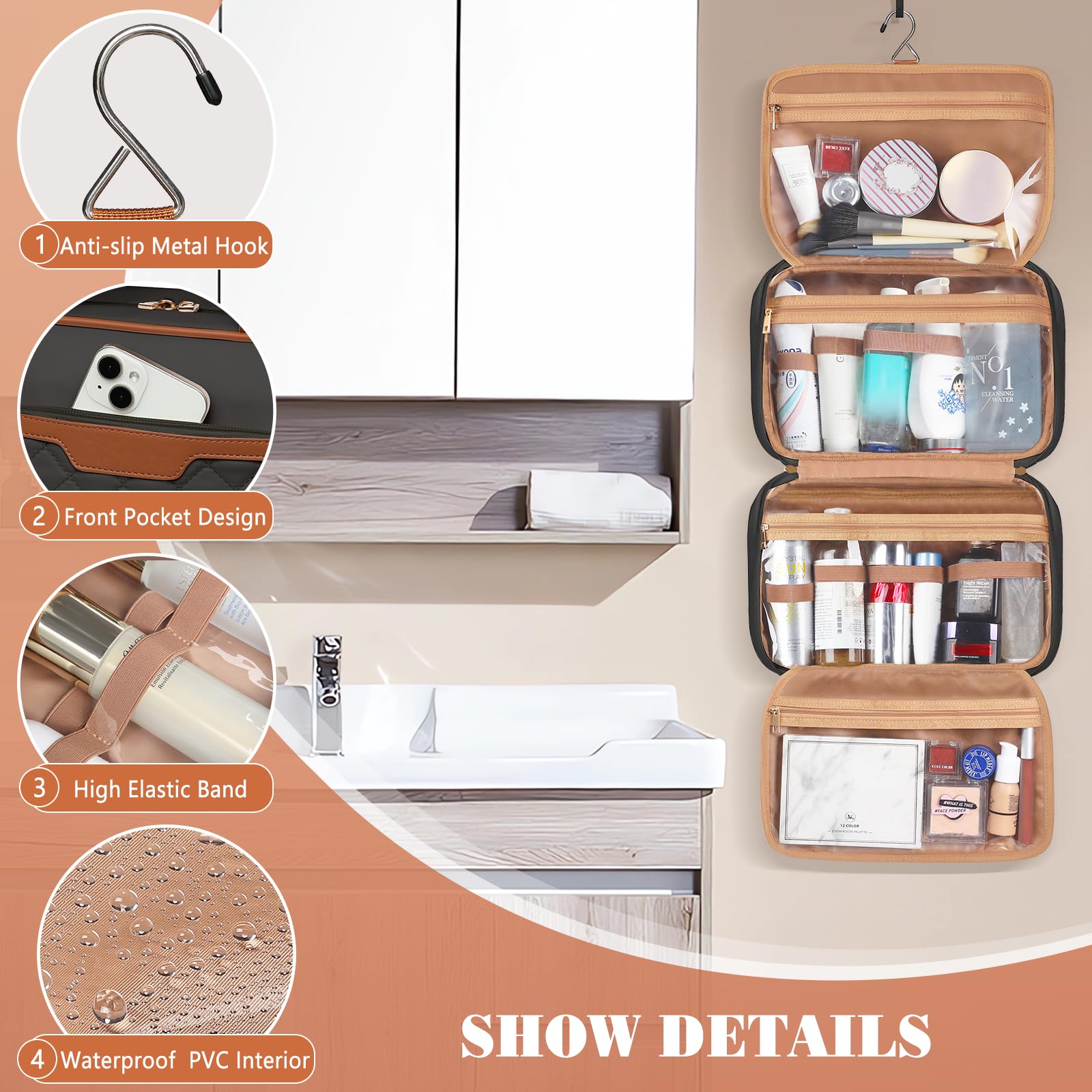 Beauty case da viaggio da donna da appendere, organizer da viaggio per articoli da toeletta di dimensioni standard, borsa da viaggio portatile impermeabile con gancio per appendere e 4 scomparti per