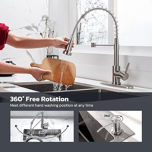 Miniatura 33 de WEWE Llave de cocina dorada cepillado con pulverizador desplegable, llave con resorte de latón/acero inoxidable, un mango, con placa de cubierta, 1