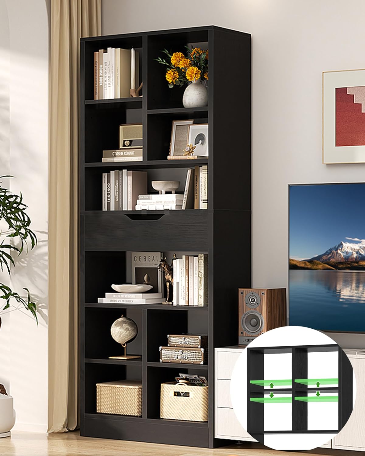 Armocity 8-Tier Tall Bookshelf with Drawer, 73.6" Narrow Freestanding Bookcase, Space-Saving Wood Display Shelves Storage for Living Room, Home Office Bedroom, Black