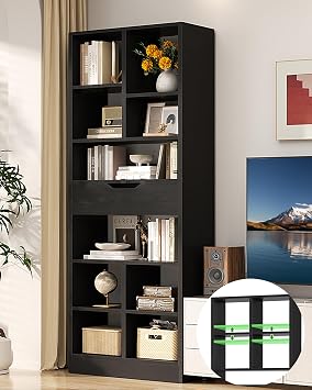 73.6" Tall Narrow Bookshelf with Drawer for Display, 19.7" Wide | 8-Tier Storage, Wood Freestanding Display Shelves, Anti-Tip Kit, Easy Assembly, Fits Tight Corner, Office Home Decor, Blakc