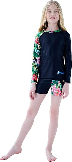 Ovovod Girls Swimsuit Two Piece Rash Guard Set for 4-14 Years UPF 50+ UV Protective Long Sleeve Swimwear