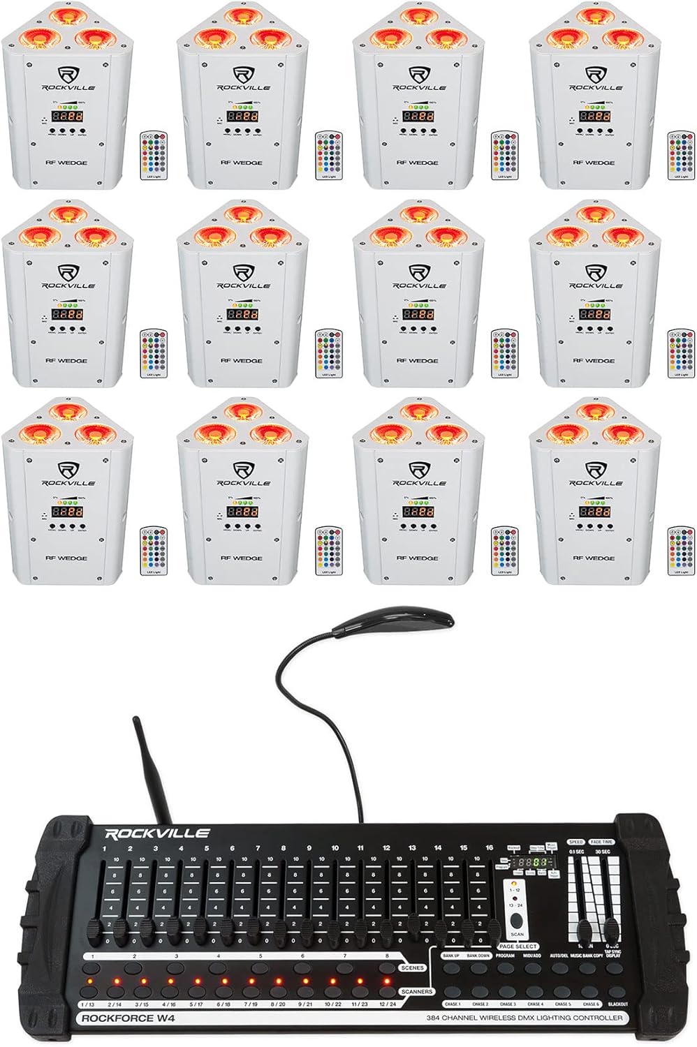 Rockville Bundle: (12) RF Wedge White 54W RGBWA+UV Rechargeable Battery Wireless DMX DJ Par Up Lights with RF Remote, ROCKFORCE W4 384-Channel Wireless DMX Lighting Controller with MIDI, 13-Items
