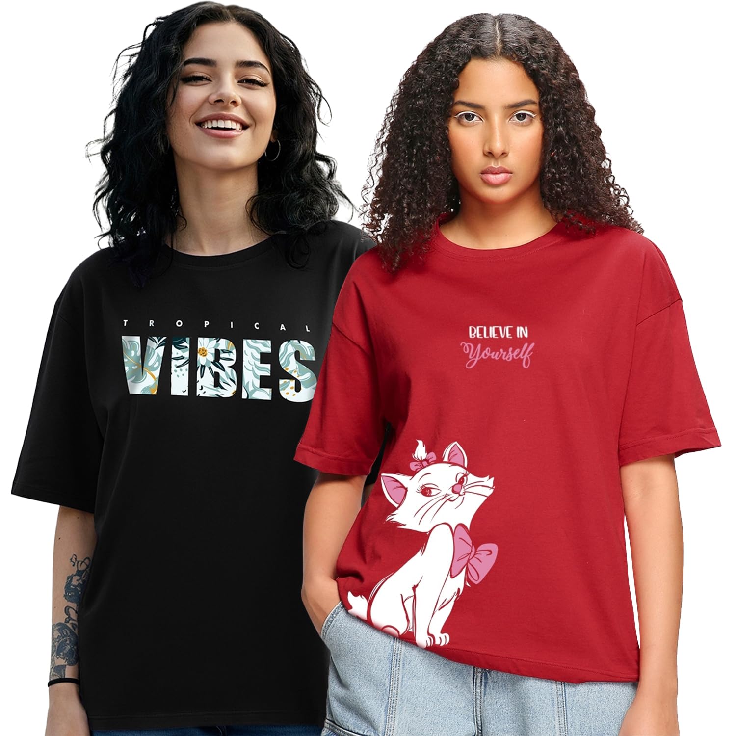 Bewakoof Lot de 2 t-shirts en pur coton pour femme - Grande taille - Demi-manches - Col rond