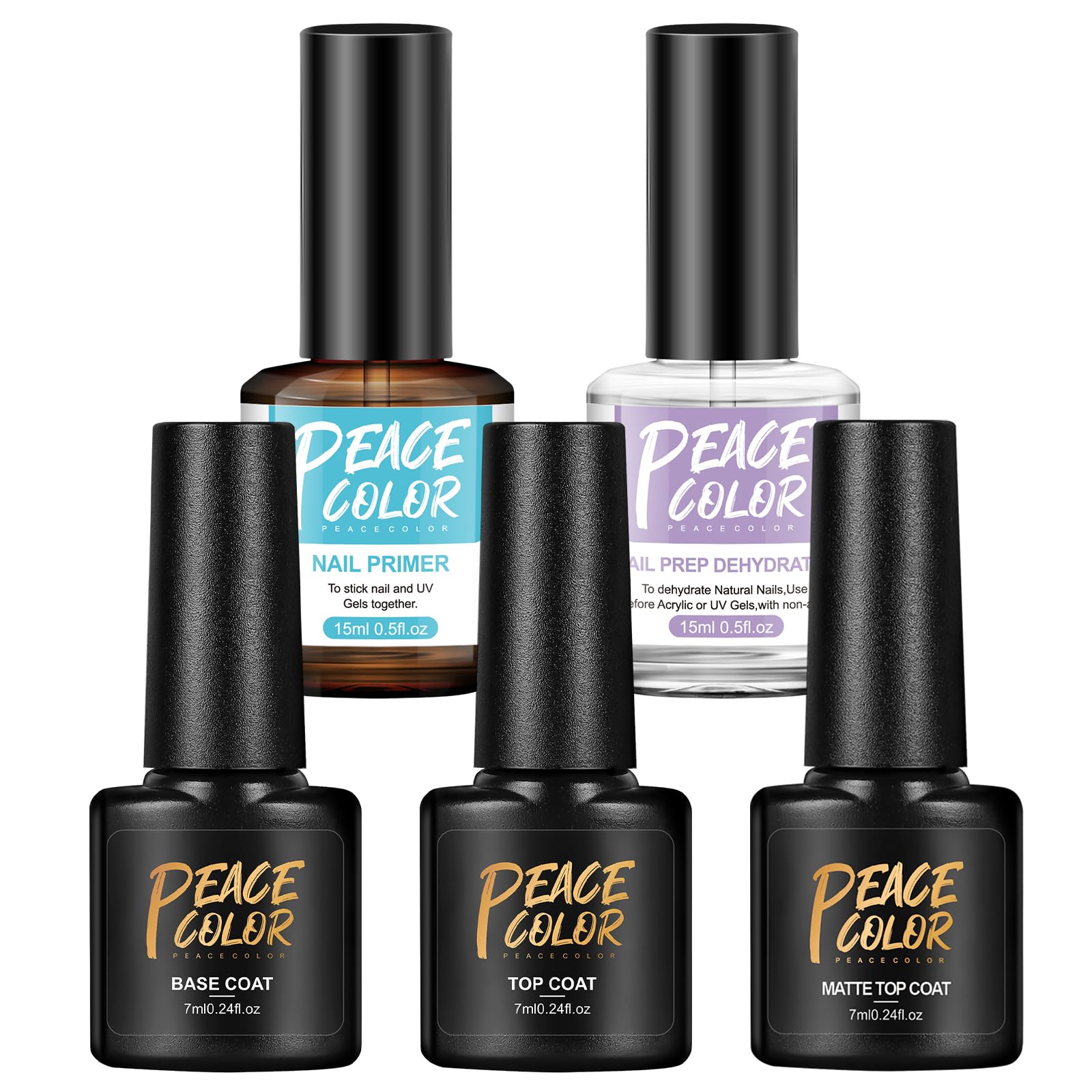 PEACECOLOR Base y Top Coat Mate y Builder Semipermanente de 7ml Nail Gel con Deshidratador y Primer Uñas de Uñas en Gel UV LED Kit de Esmaltes de Uñas