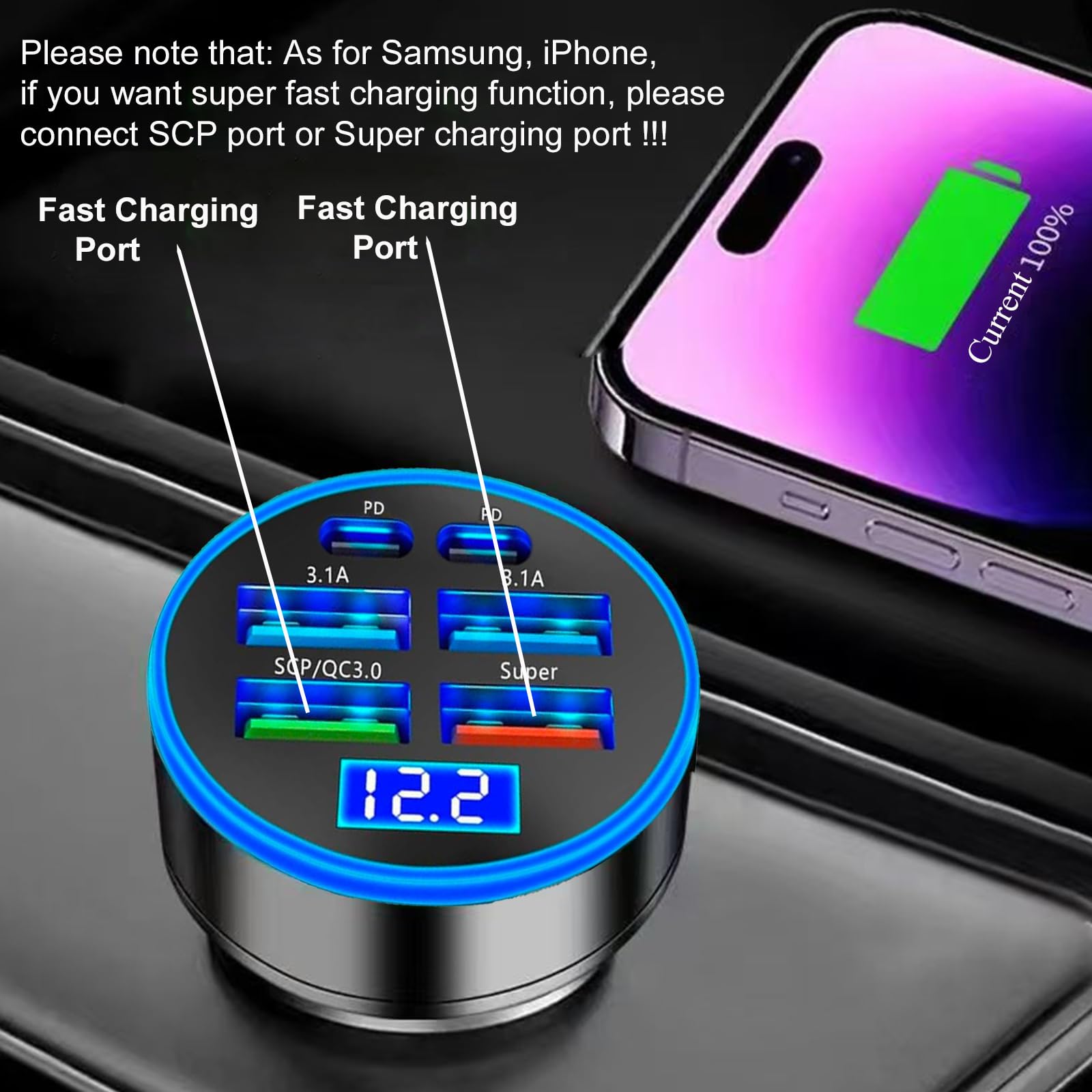Super Fast Charge USB C Car Phone Charger Adapter 6 in 1 with Voltage Display 250W Multi Port Cigarette Lighter USB Charge for iPhone 16 15 14 13 12 11 Samsung Galaxy Huawei Oneplus Oppo Vivo