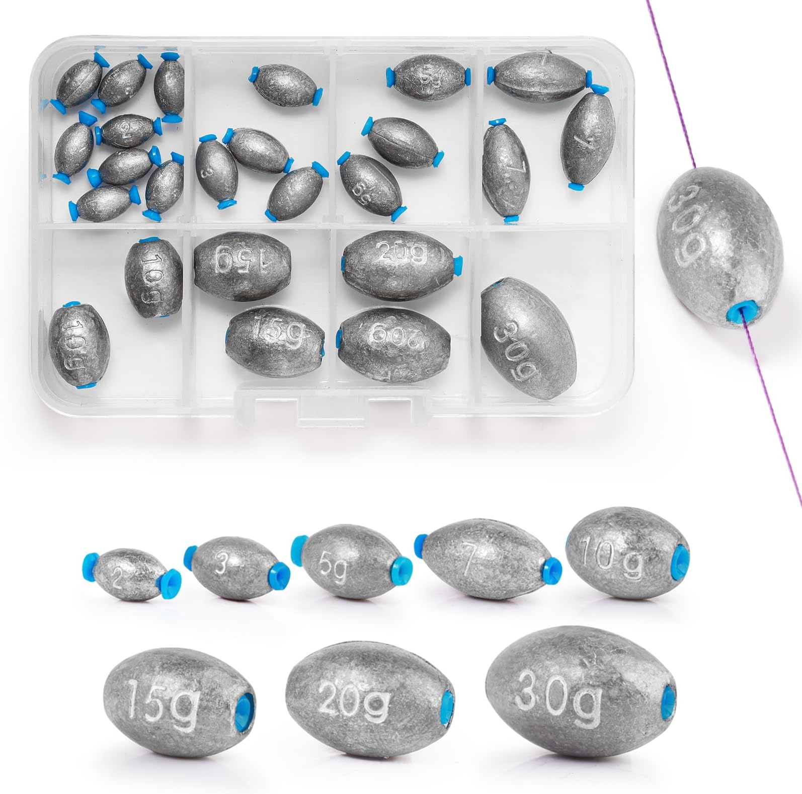 25 Pcs Egg Shaped Sea Fishing Weights with Plastic Core, Drop Bass Weights Sinker Kit 8 Sizes,Casting Fishing Oval Sinkers, for Carp, River, Saltwater, Freshwater (8 Sizes, Egg Shaped)