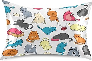 Blueangle Color Cartoon Cat Satin Pillowcase for Hair and Skin Silk Pillowcase, Queen Size(20x30 inches) - Slip Cooling Satin Pillow Covers with Envelope Closure