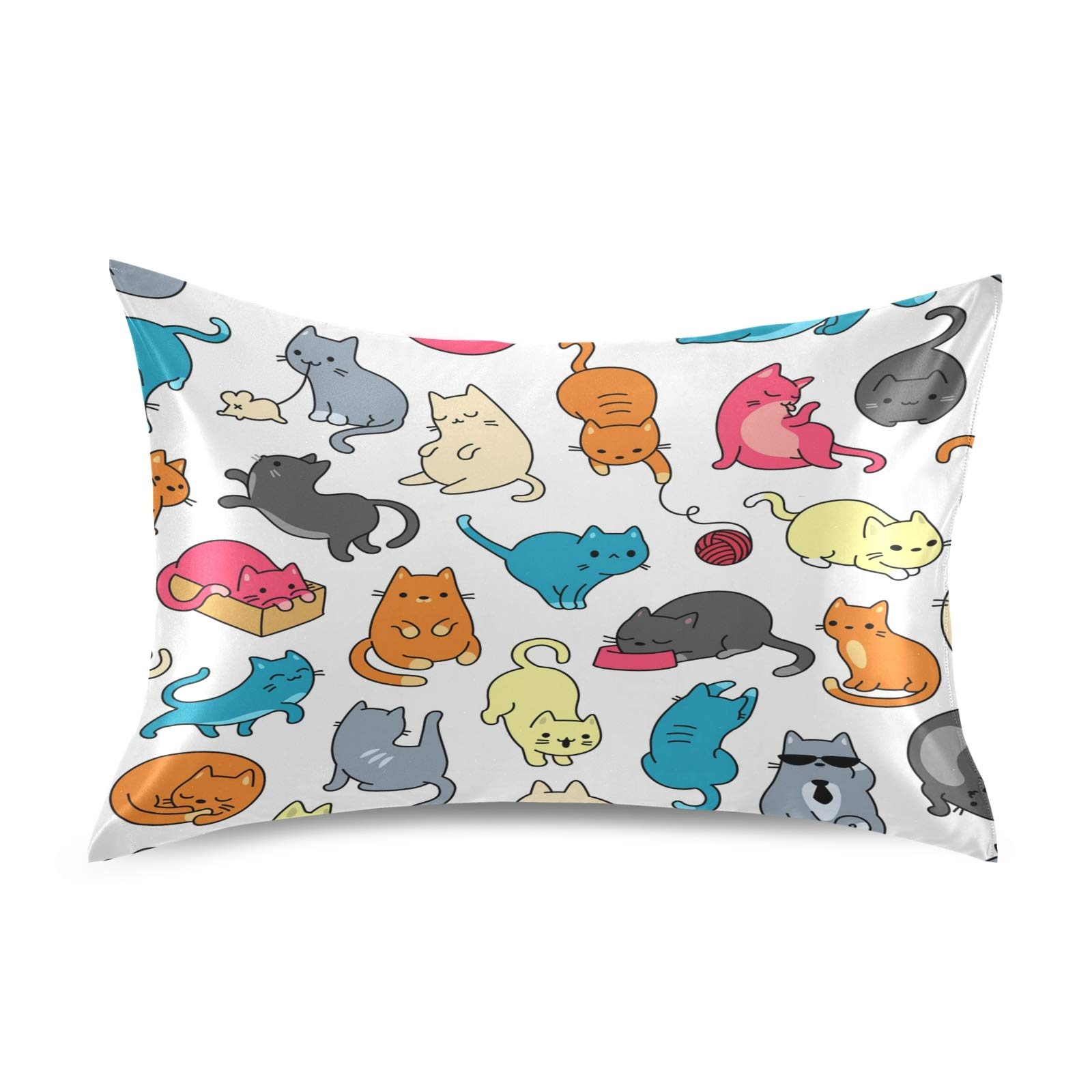 Blueangle Color Cartoon Cat Satin Pillowcase for Hair and Skin Silk Pillowcase, Queen Size(20x30 inches) - Satin Pillow Covers with Envelope Closure