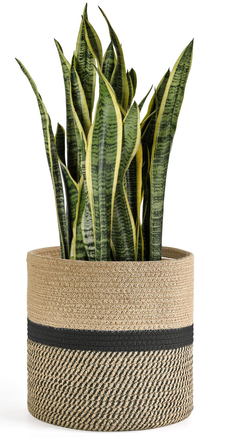 Dahey Jute Rope Plant Basket Modern Woven Storage Basket for 10.5" Indoor Planter, Decorative Flower Pots Cover Laundry Bin with Handle Rustic Home