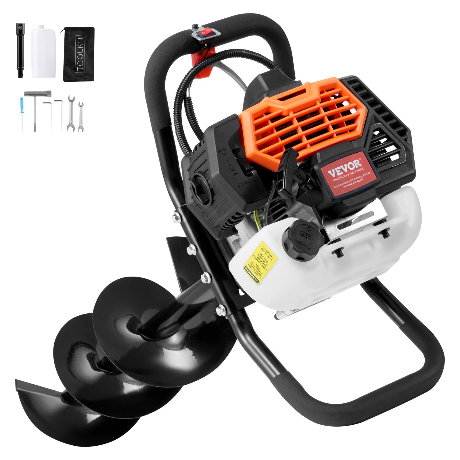 VEVOR Trivella per Pali a Gas 52 CC 1450 W Trivella per Terra, Trivella a Gas con Punte 200 mm 1 Asta di Prolunga, Trivella per Pali di Recinzione per Piante da Giardino, Piantagione, Arancione e Nero