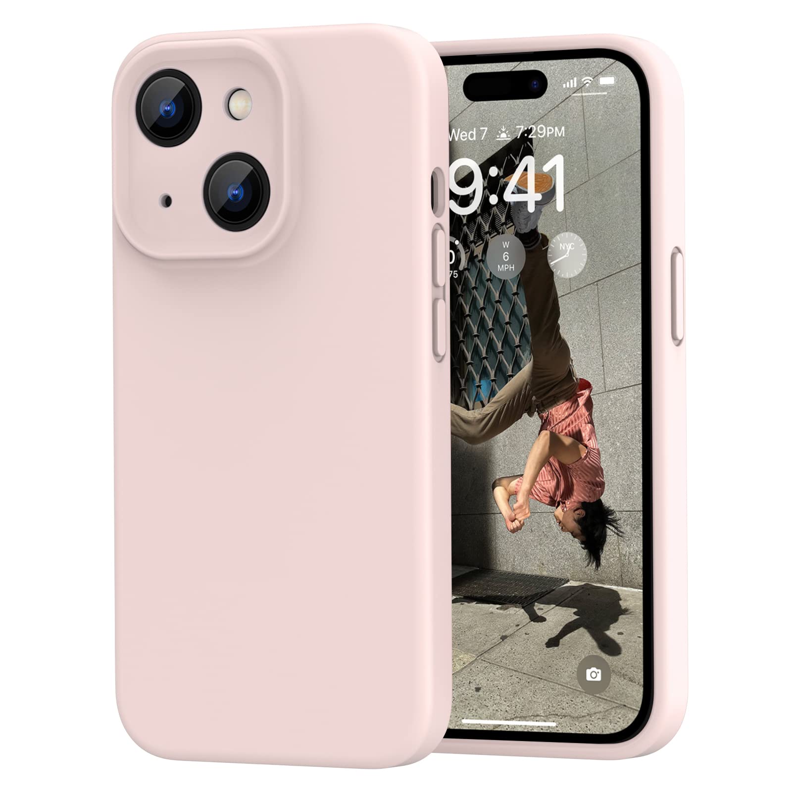 MAXCURYCase for iPhone 14, Liquid Silicone Protective Gel Rubber Phone Cover, Shockproof Anti-Scratch Full Body Bumper Camera Protection Cover for 2 Lenses Apple 14 (Pale Pink)