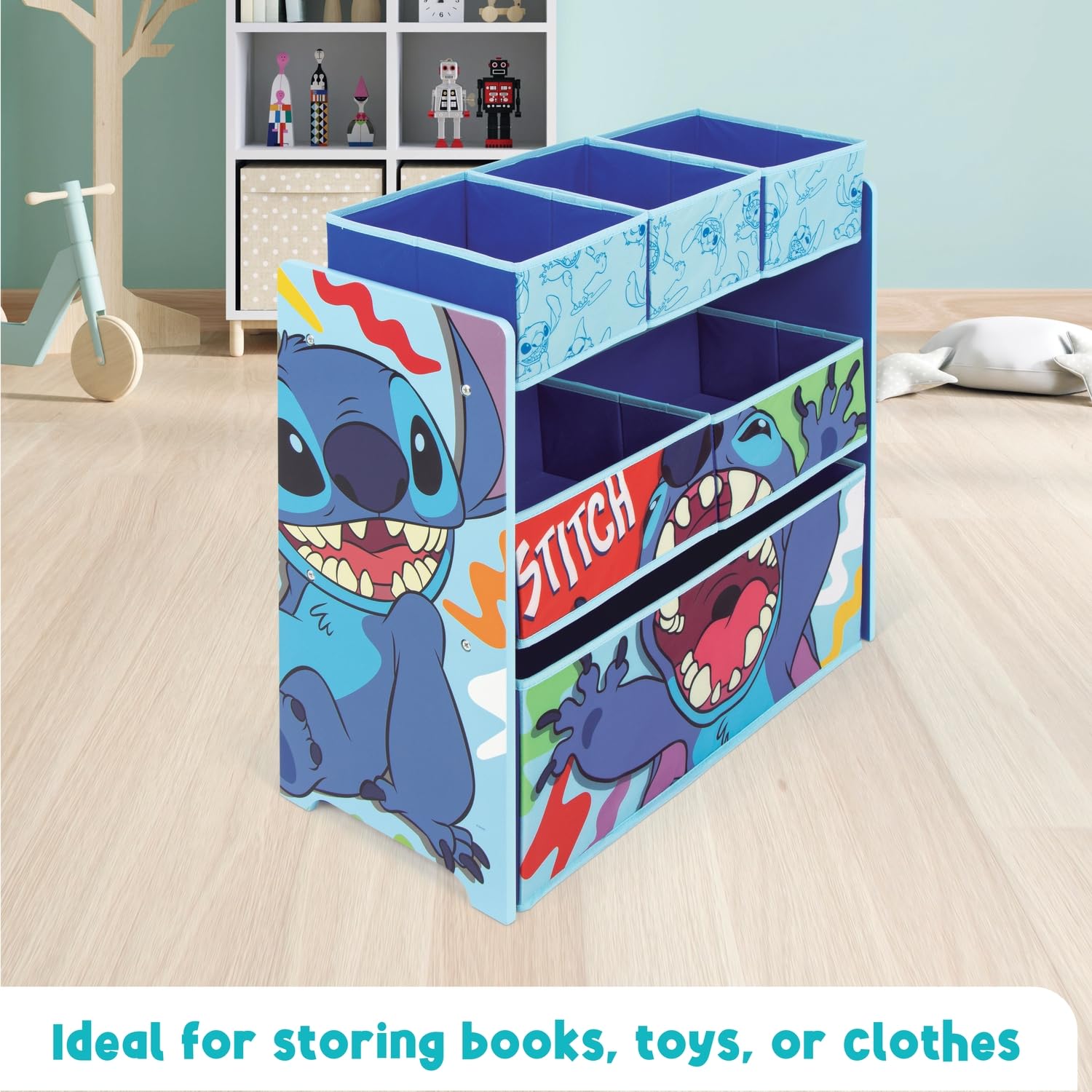 ARDITEX – Organizer aus Holz mit 6 Textilboxen mit Stitch-Motiv von Disney – 62x30x60 cm – Farbe Blau – Perfekt zum Aufbewahren von Spielzeug im Kinderzimmer