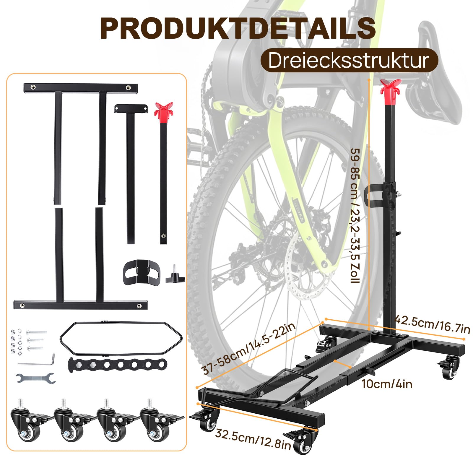 Vertikaler Fahrradständer, Freistehender Indoor-Fahrradständer Aufrechter Fahrradbodenständer mit einstellbarer Höhe für Garage & Wohnung - für Mountainbikes 26"-27"，650c–700c Rennrad
