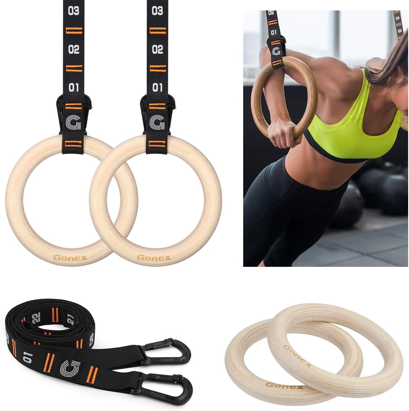 Gonex Gymnastic Rings with Adjustable Number Straps, Crossfit Rings for Gym, Workout, Exercise, Outdoor Training, Quick Install Carabiner, 8.5 ft Straps Pull Up Non-Slip Rings : Sports & Outdoors