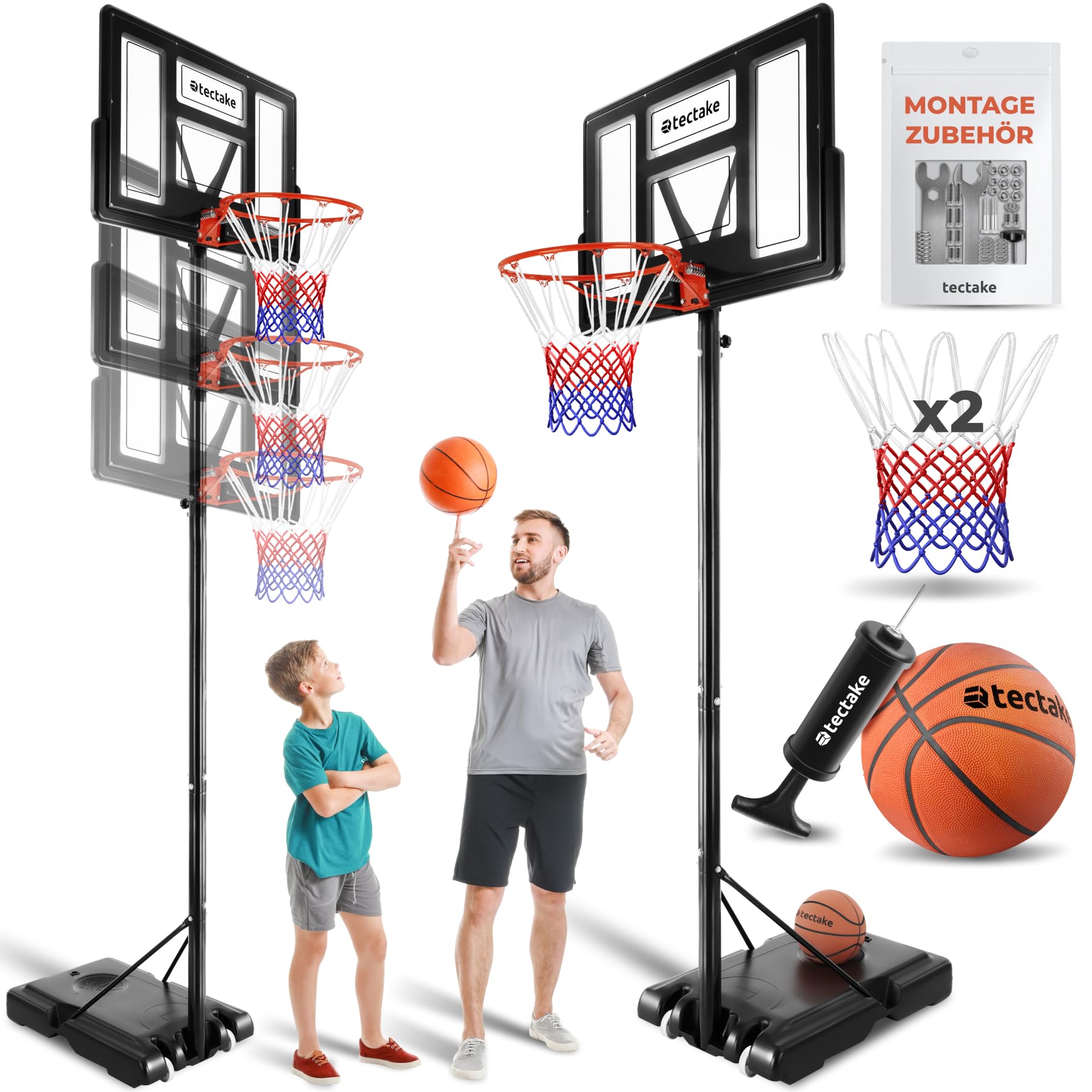 tectake® Basketballkorb Outdoor mit Rollen, Basketball Kinder, Erwachsene, mobiler Standfuß mit Rückwand, Korb mit Netz wetterfest, Basketballständer höhenverstellbar