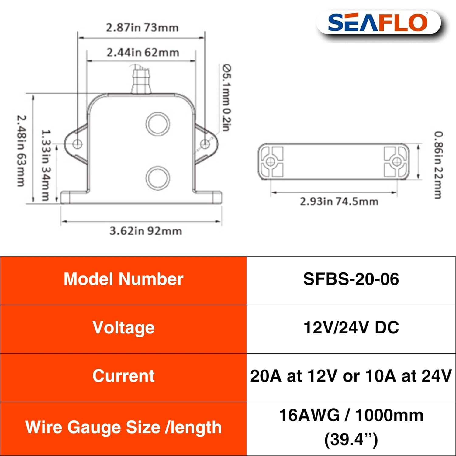 SEAFLO Electric Field Bilge Switch - 12V/24V, 20A at 12V or 10A at 24V, Automatic Water Level Sensor Switch, No Float, Solid State Bilge Pump Switch, Marine Boat, SFBS-20-06, 4-Year Warranty