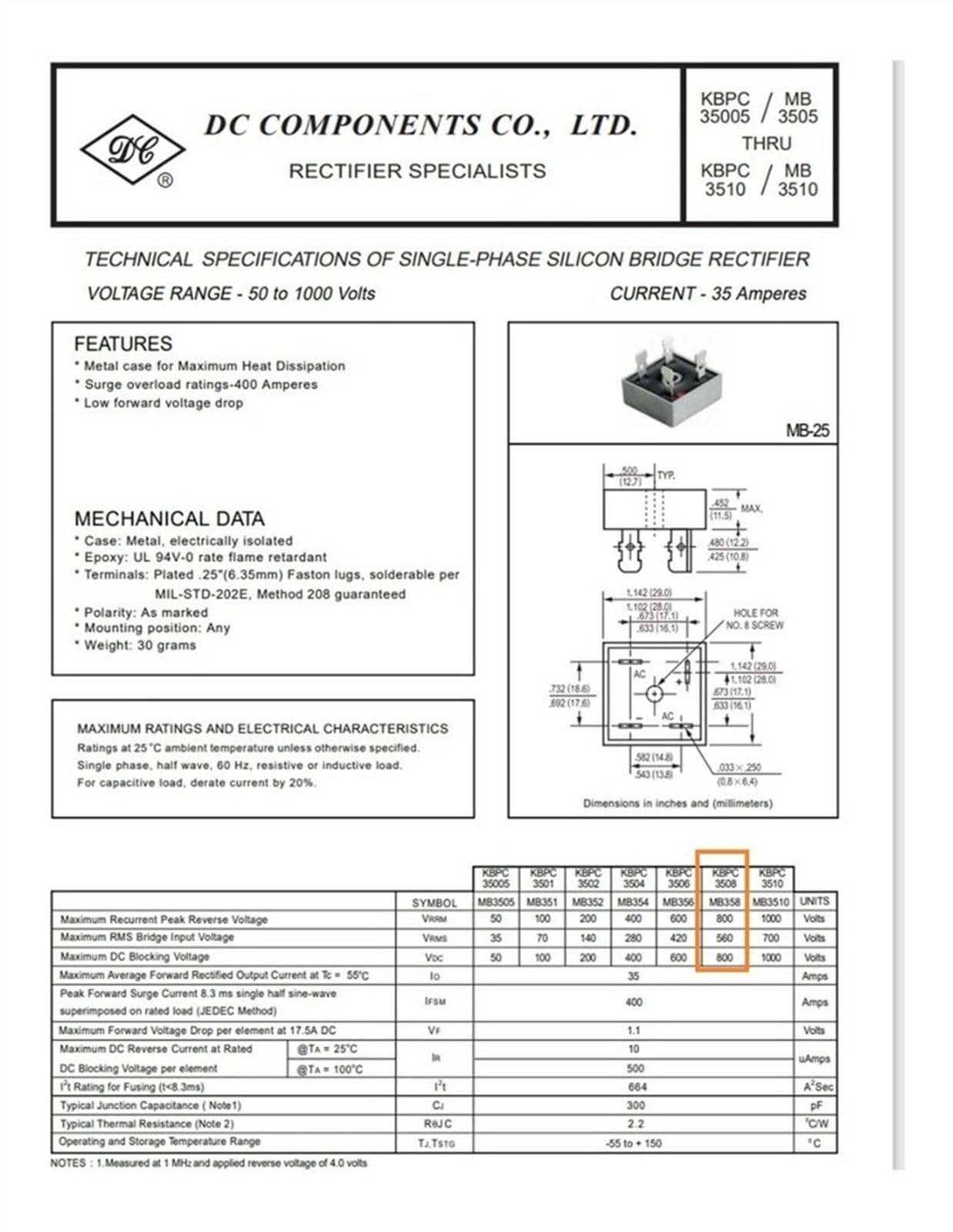 Diodes de redressement en Pont Kbpc3508 800v 35a
