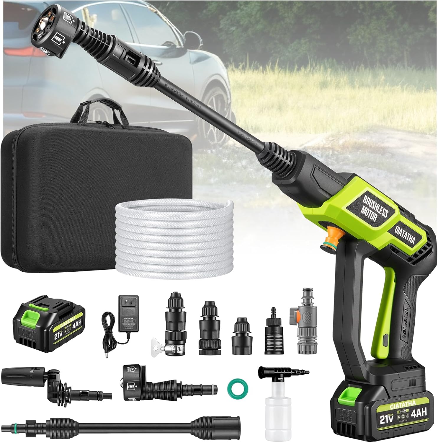 Cordless Pressure Washer, 1200PSI Brushless Motor Portable Pressure Washer with 4.0Ah Battery and Charger,6-in-1 Nozzle and 180°Rotating Nozzle, Clean Cars, Patio Furniture,Outdoor (1 Battery)