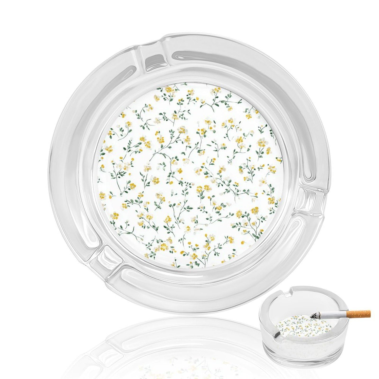 Tiny Dainty Pale Yellow And Green Floral Glass Ashtray for Cigarettes Portable Decorative Ash Trays for Home Office Decor