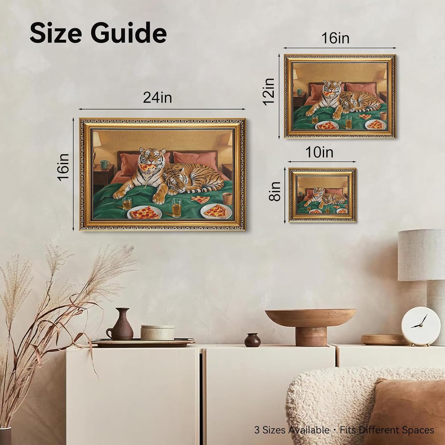 Funny Tiger Wall Art, Whimsical Tigers Eating Pizza In Bed Canvas Prints image 5