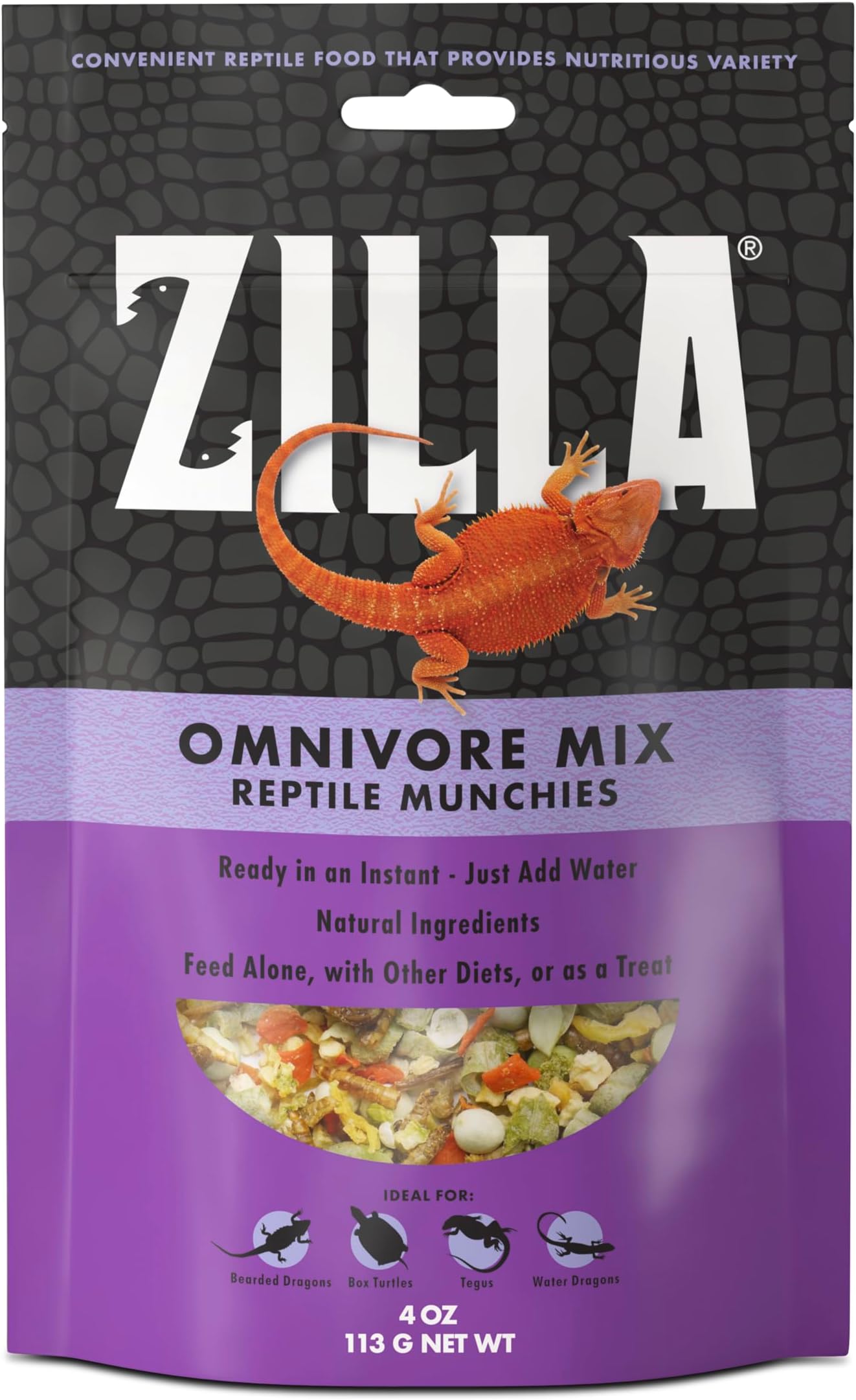 Zilla Reptile Munchies Omnivore Food Mix for Pet Bearded Dragons, Water Dragons, Tegus and Box Turtles, 4-Ounce