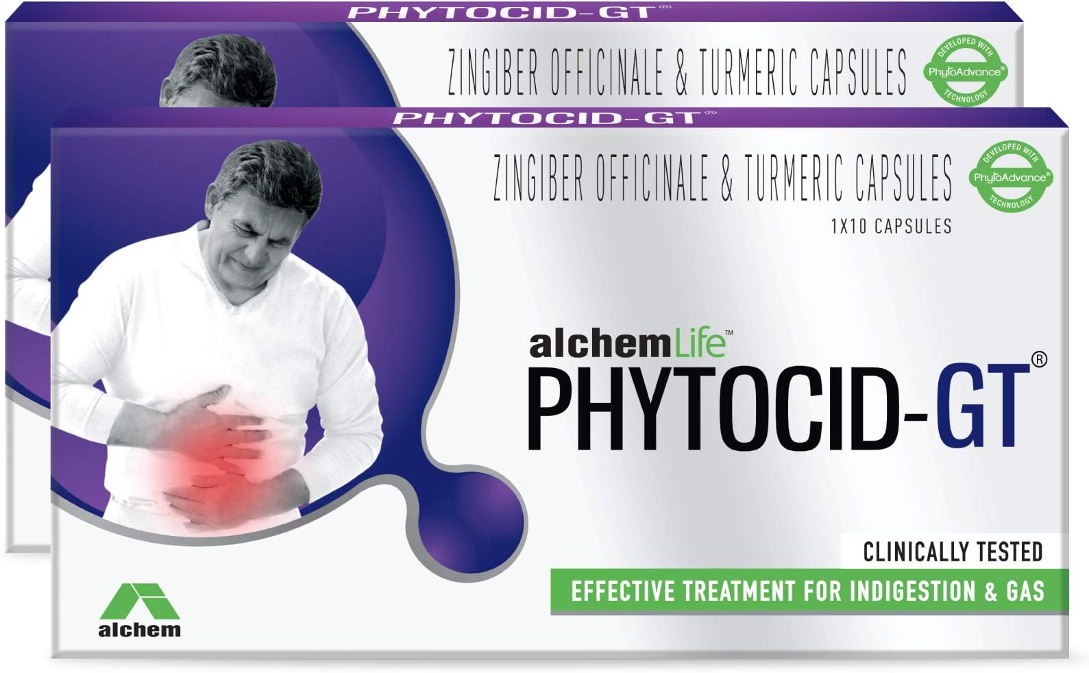 AlchemLife Phytocid-GT® Capsules- Effective Treatment for Indigestion, Heartburn, Gas & Acidity |Natural & Clinically Tested |Non-Habit Forming| Pack of 2 (20 Capsules)