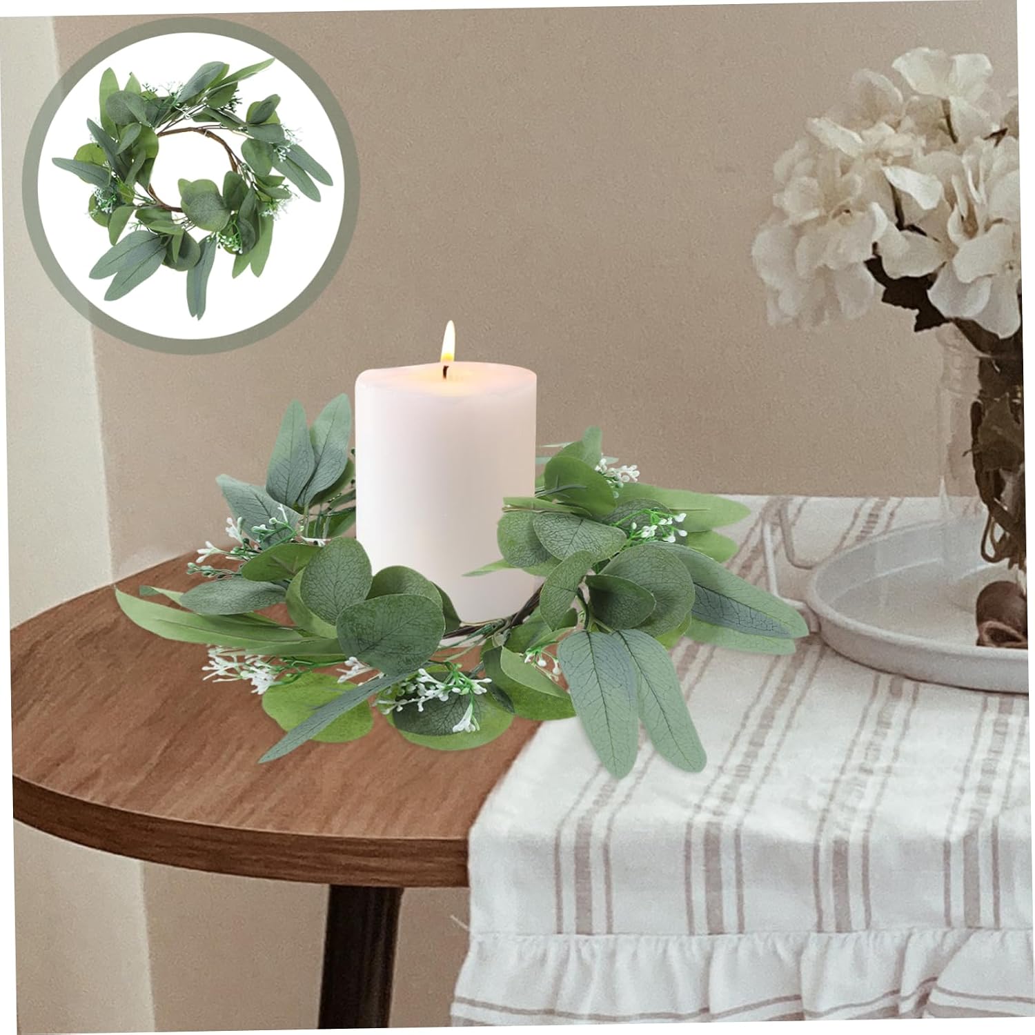 2 Pcs Artificial Eucalyptus Candle Rings Reusable Candle Wreaths for Wedding Table Centerpieces and Wall Decor DIY Craft Accessory image 3