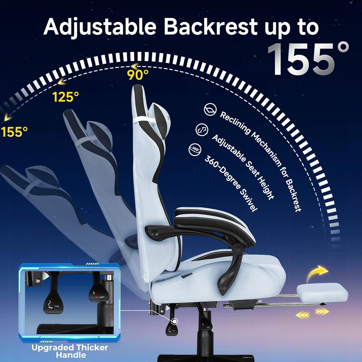 GTPLAYER Gaming Chair Fabric with Pocket Spring Cushion, High Back Ergonomic Computer Chair with Footrest for Adults Lumbar Support Swivel Game Chair for Office Gaming 350LBS, Light Blue