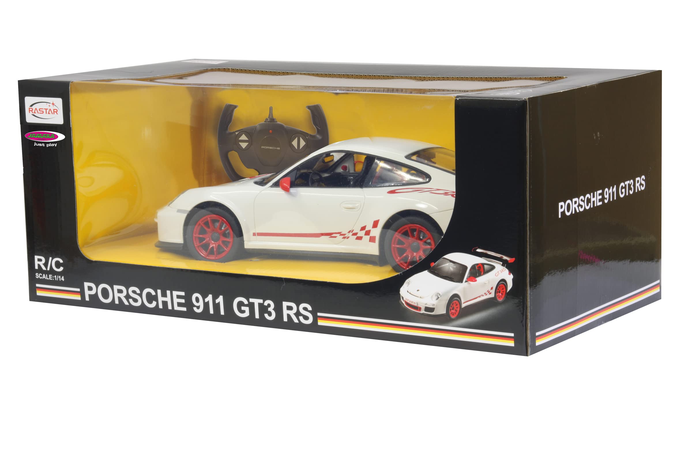 JAMARA 404311 Porsche GT3 RS 1:14 biała licencja 2,4 GHz, do 1 godz. czasu jazdy przy 11 km/h, LED, idealnie odwzorowane szczegóły, szczegółowe wnętrze, wysokiej jakości wykonanie
