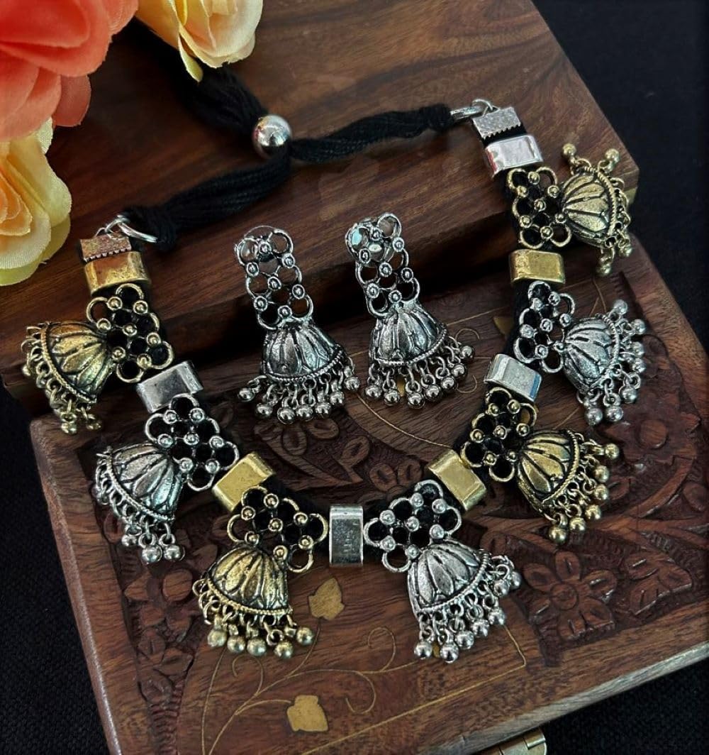 Indian Designer Statement Afghani Silver Oxidised Dual Tone Ethnic Traditional Tassel Choker Necklace Jewelry Women - Image 4