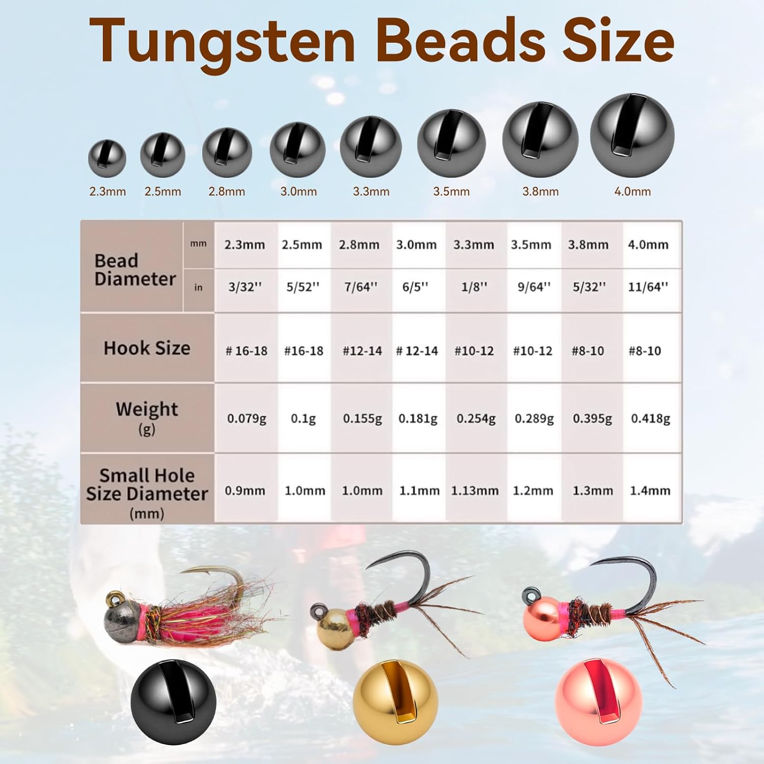 100pcs Tungsten Slotted Fly Tying Beads, 3 Colors & 13 Sizes (1.5-6.4mm), Fast Sinking for Nymphs, Wooly Buggers – Fly Fishing Beads Kit
