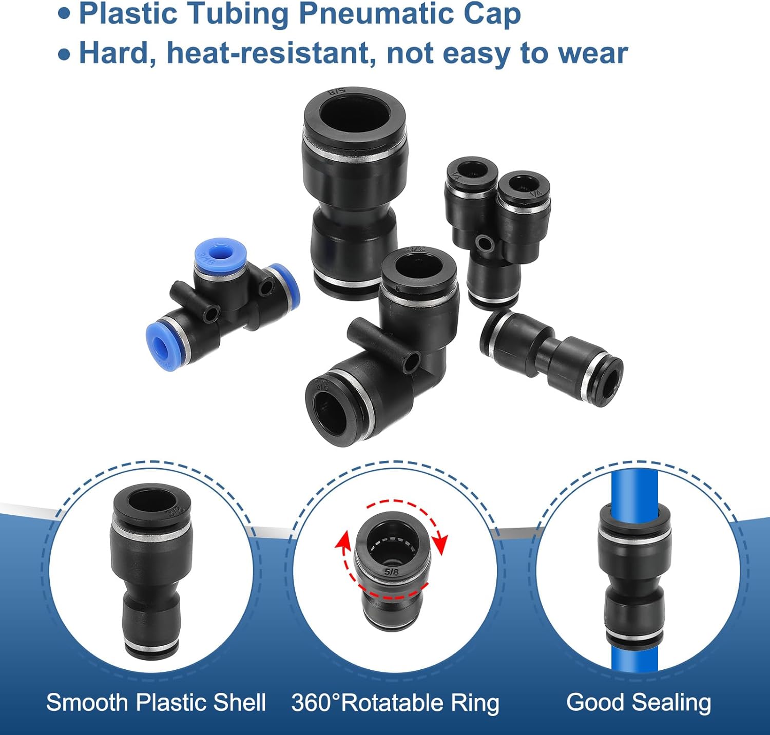 PATIKIL 6 Pcs Straight Union Push to Connect Fitting, 1/4" x 3/8" OD Tube Reducer Connector Quick Push Lock Adapter Air Hose Fitting for Pneumatic System Pipeline Connection, Black