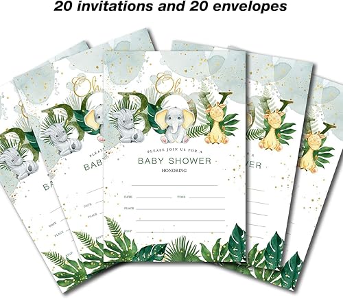 Miniatura 4 de YIDOU Safari Boy - Invitaciones para fiesta de baby shower, diseño de selva vegetal, 20 invitaciones y sobres (doble cara)