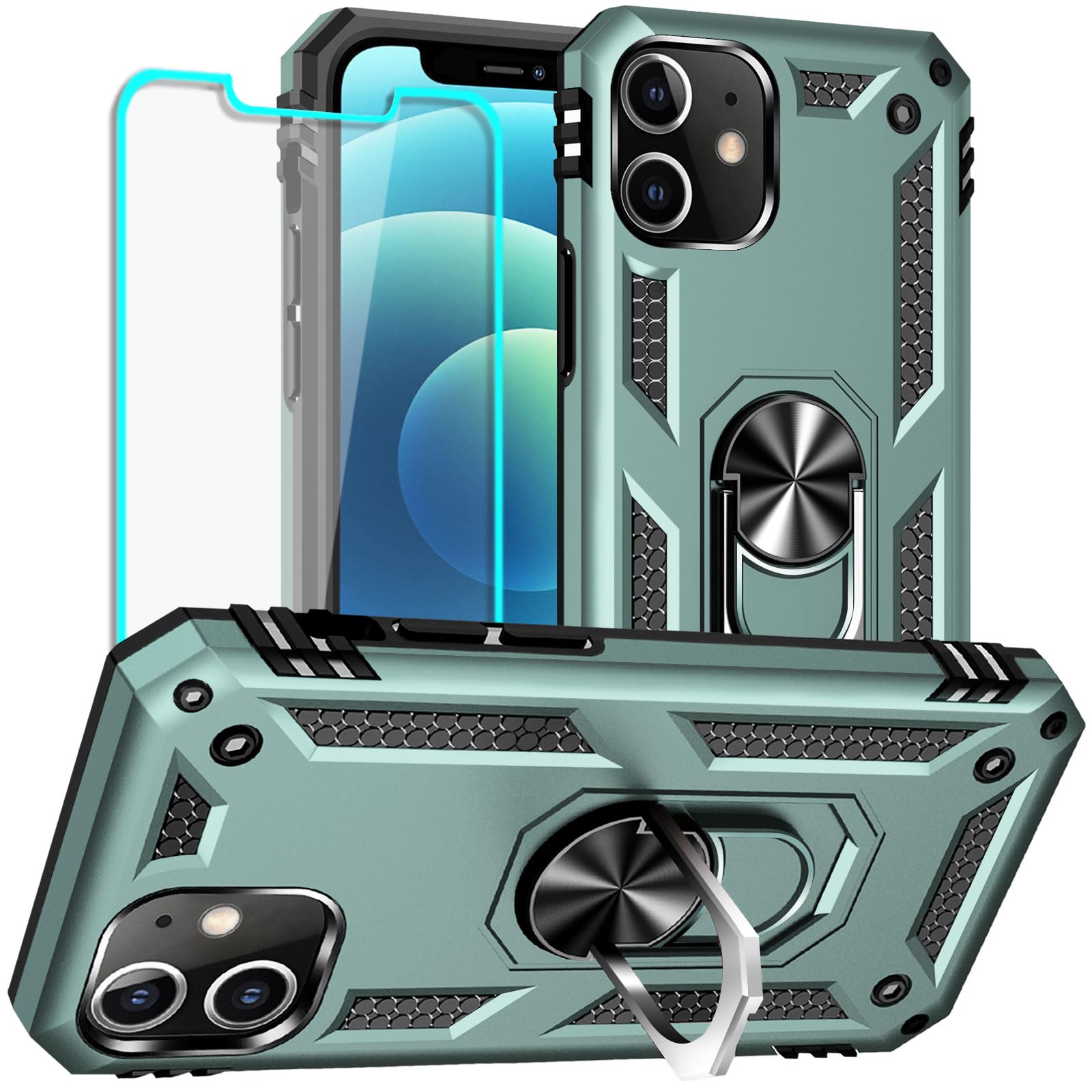 Yiakeng for iPhone 12 Mini Case: iPhone 12 Mini Phone Case with HD Screen Protector - Military Grade Protective Cases with Ring for iPhone 12 Mini(Dark Green)