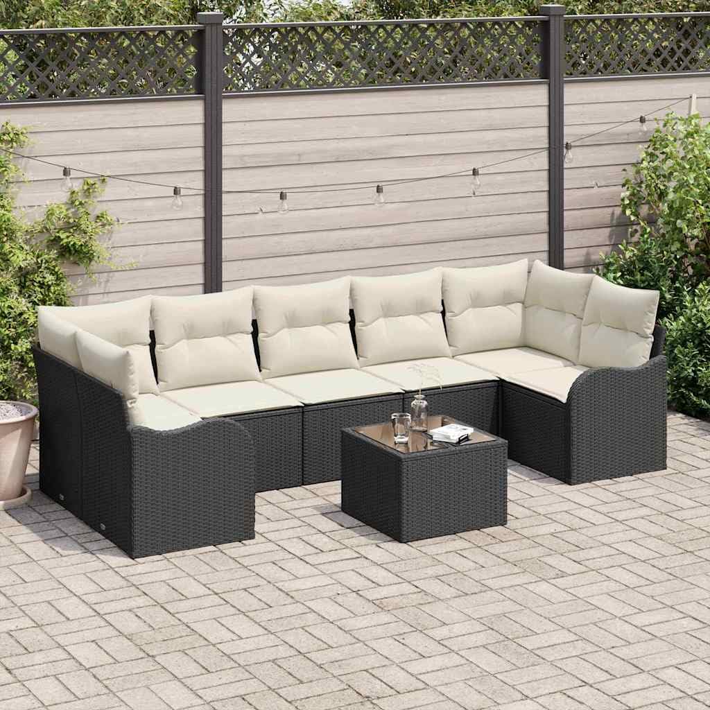 Sofá de jardín, color negro, 289 x 122,5 x 85 cm, polirratán y acero, modular, resistente a los rayos UV, resistente a la intemperie, para terraza, balcón, para exteriores