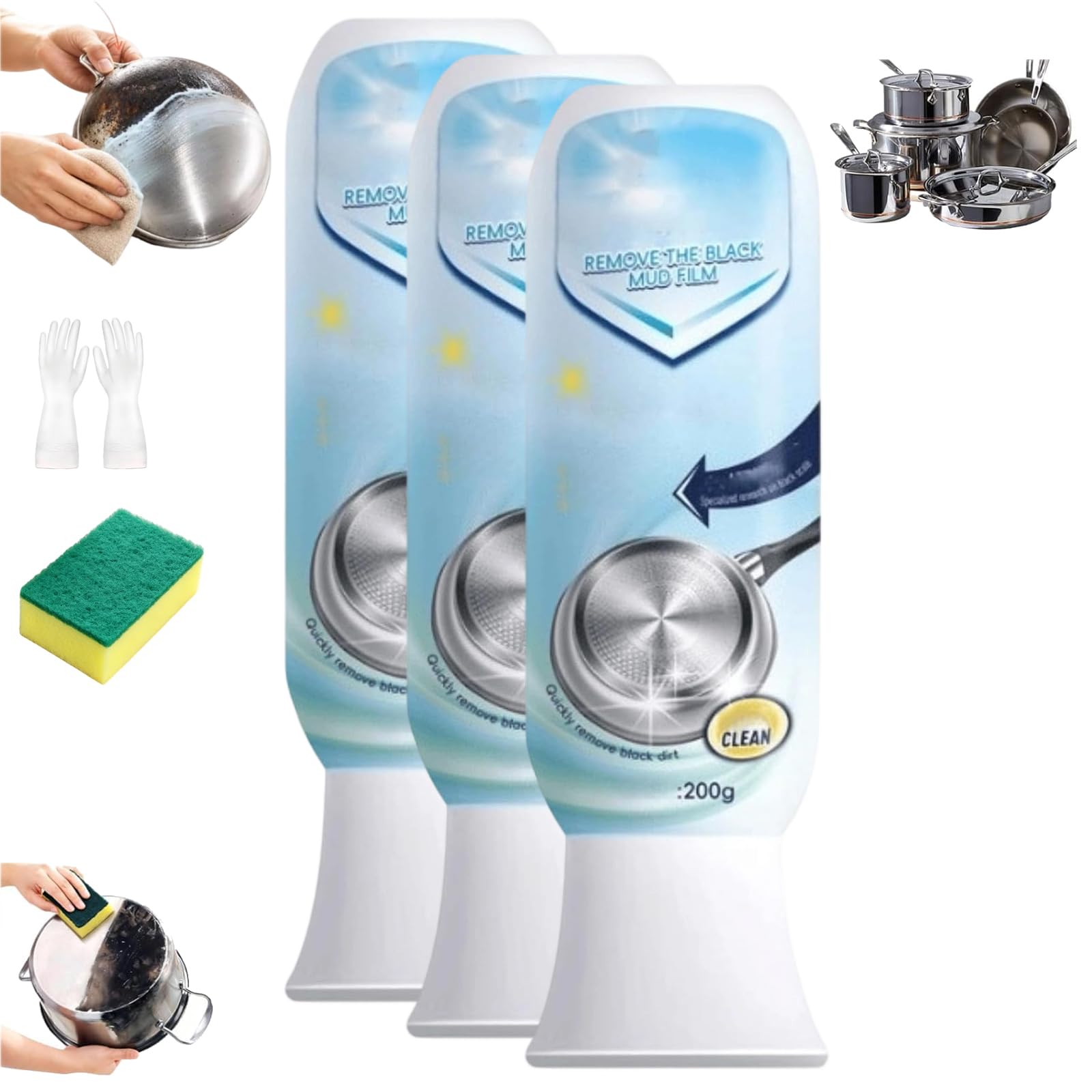 Quitamanchas Negras Para Ollas Sartenes, Elimina La Película Algas Y Barro Negro Las Olla, Quitamanchas Multiusos Efondo Ollas, Acero Inoxidable, Vidrio Esmalte, Mayoría Tipos Utensilios Cocina (3a)